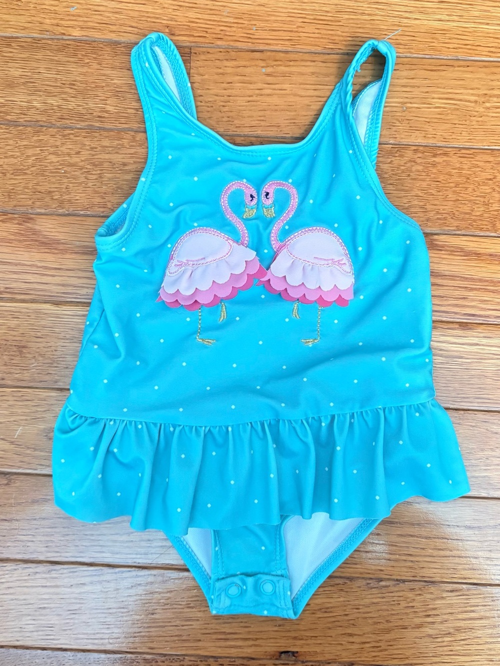 Crown & Ivy Turquoise One-Piece Swimsuit with Pink Flamingo Appliqués